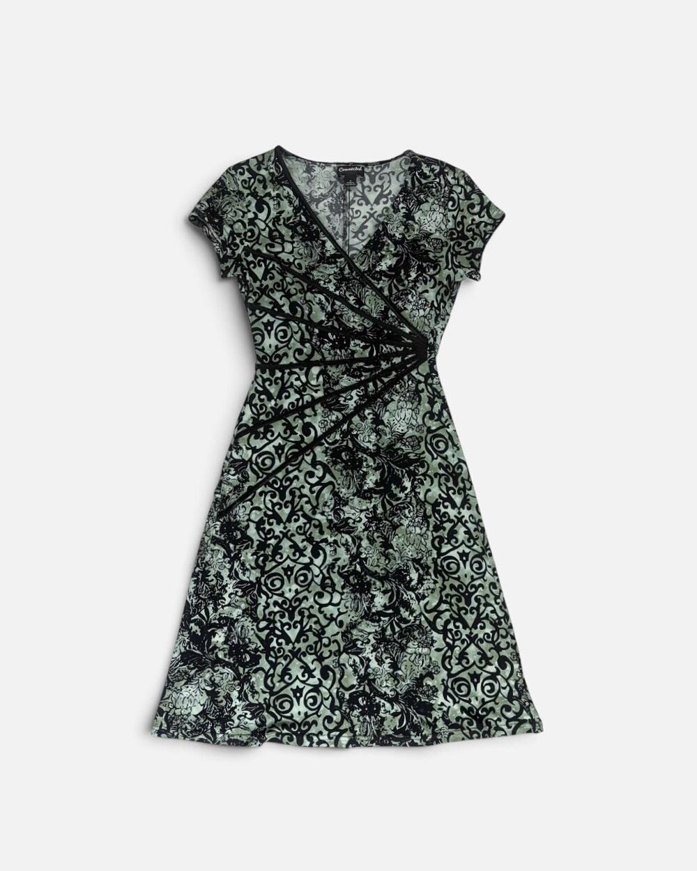 Y2K Connected Green & Black Baroque Scroll Wrap Sheath Dress Sz 6 Dark Fairy